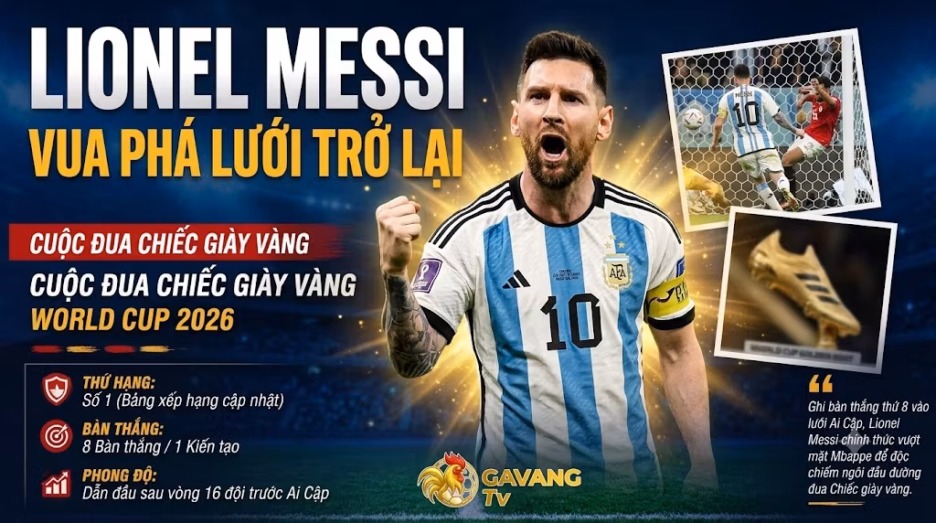 Huyền thoại Lionel Messi vươn lên dẫn đầu cuộc đua Chiếc giày vàng World Cup 2026 với 8 bàn thắng, cập nhật bảng xếp hạng từ Gavang TV.