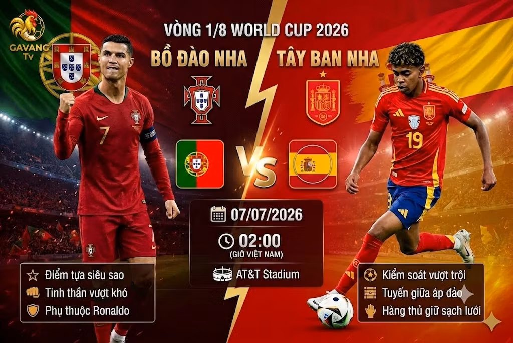 Nhận định Bồ Đào Nha vs Tây Ban Nha vòng 1/8 World Cup 2026 chi tiết trên Gavang TV.