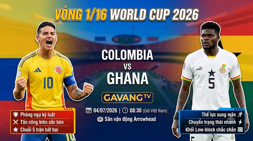 Nhận định trực tiếp bóng đá Colombia vs Ghana vòng 1/16 World Cup 2026 cùng chuyên gia Gavang TV.