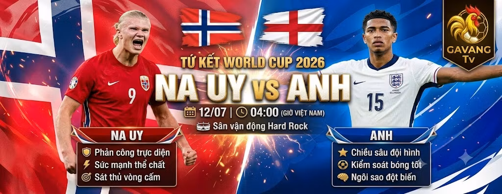 Hình ảnh nhận định trận đấu tứ kết World Cup 2026 giữa Na Uy và Anh, làm nổi bật cuộc đối đầu giữa Erling Haaland và Jude Bellingham cùng các thông tin tỷ lệ kèo.