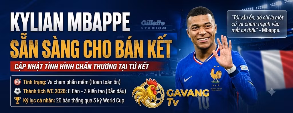 Cập nhật tình hình chấn thương của Kylian Mbappe tại tứ kết World Cup 2026, tiền đạo tuyển Pháp tươi cười xác nhận hoàn toàn ổn và sẵn sàng cho trận bán kết. Thiết kế độc quyền bởi Gavang TV.