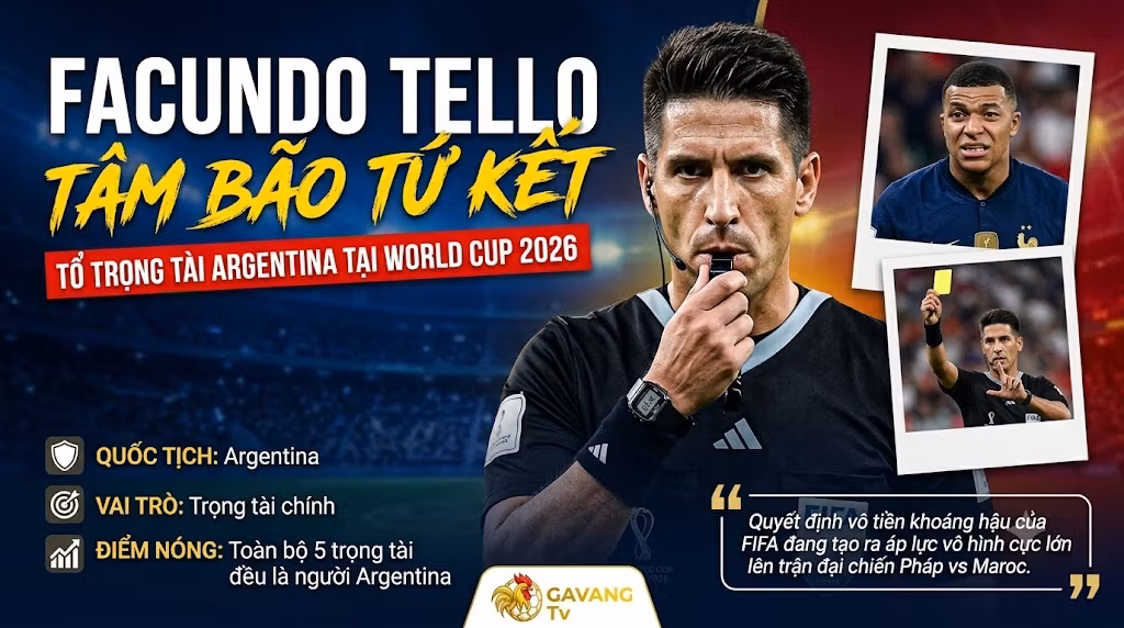 Trọng tài chính Facundo Tello người Argentina điều khiển trận Tứ kết Pháp vs Maroc tại World Cup 2026, hình ảnh phân tích chuyên sâu từ Gavang TV.
