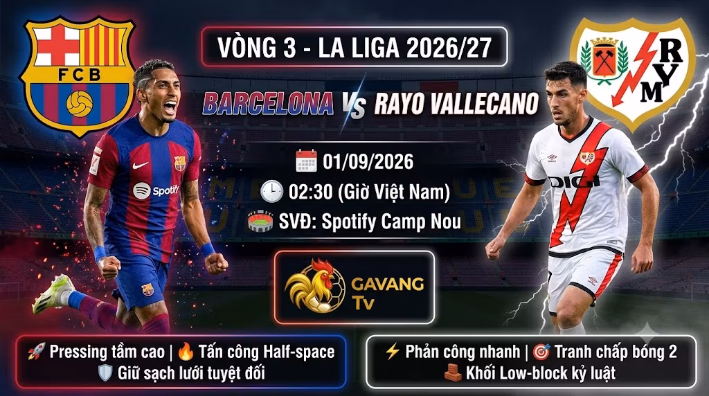 Ảnh bìa nhận định trận đấu Barcelona vs Rayo Vallecano vòng 3 La Liga 2026/27, cập nhật thông tin chiến thuật và link xem trực tiếp Gavang TV.