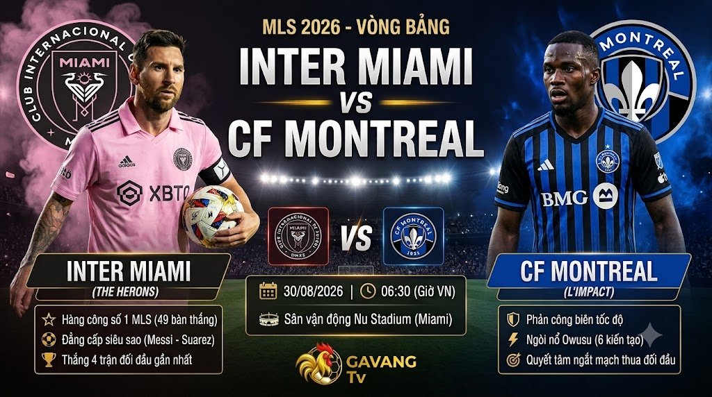 Nhận định trận đấu Inter Miami vs CF Montreal tại giải MLS 2026, hình ảnh trực quan cùng lịch thi đấu chi tiết từ Gavang TV.