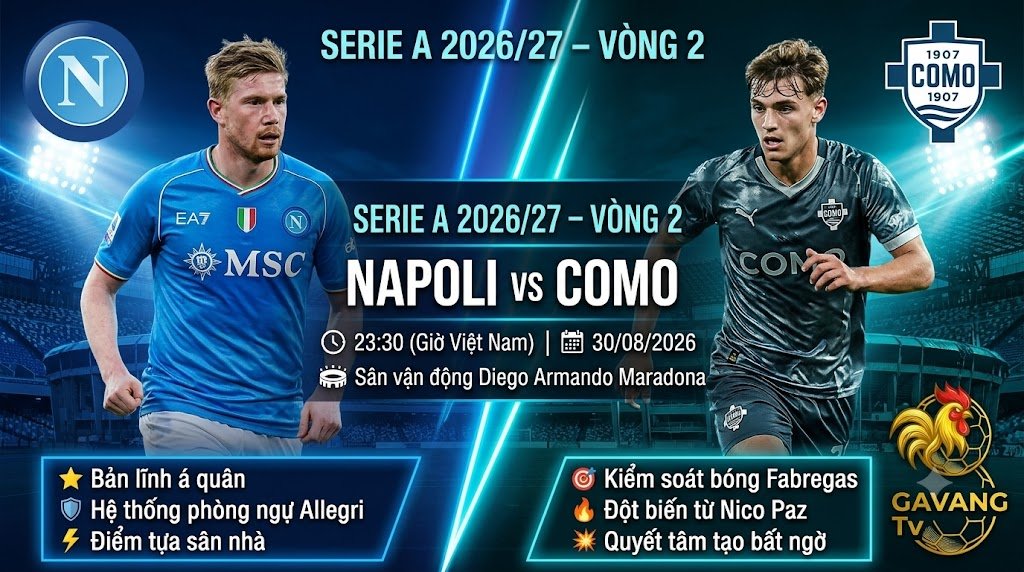 Hình ảnh nhận định bóng đá trận Napoli vs Como vòng 2 Serie A 2026/27, trực tiếp trên Gavang TV.