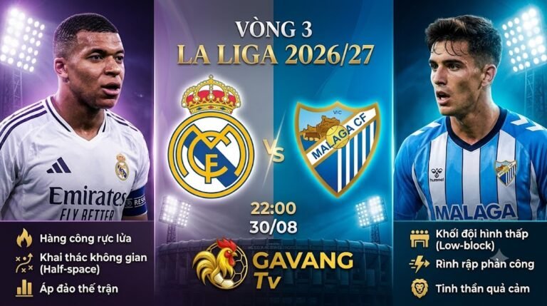 Ảnh bìa nhận định trận đấu Real Madrid vs Malaga vòng 3 La Liga 2026/27, trực tiếp bóng đá trên Gavang TV.